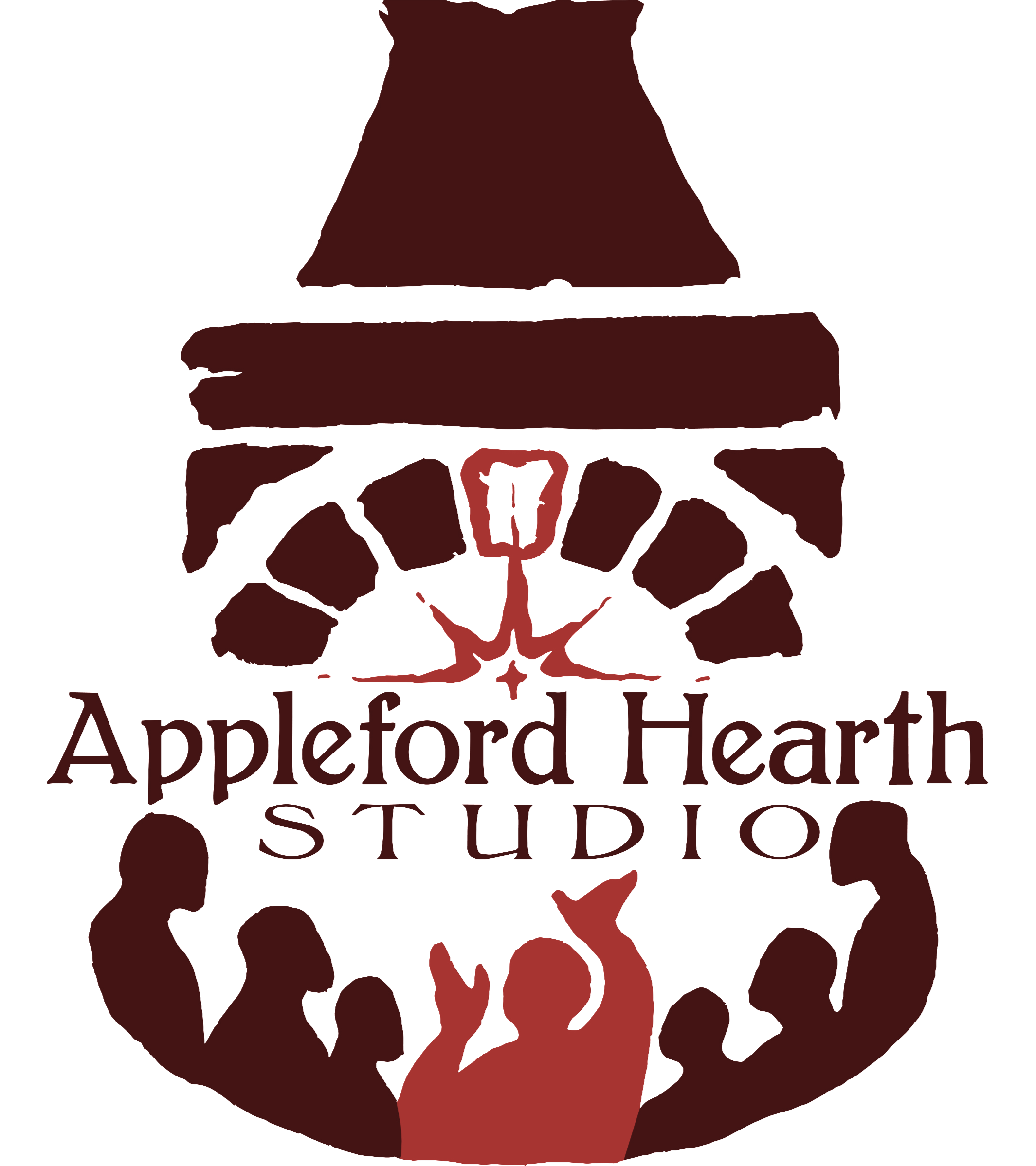Logo for Appleford Hearth Studio: A crowd gathers around a cozy hearth while a storyteller weaves a tale.
